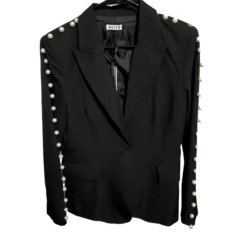 Why Dress Black Pearl Studded Blazer Jacket Medium Edgy Classy Elegant Chic NWT